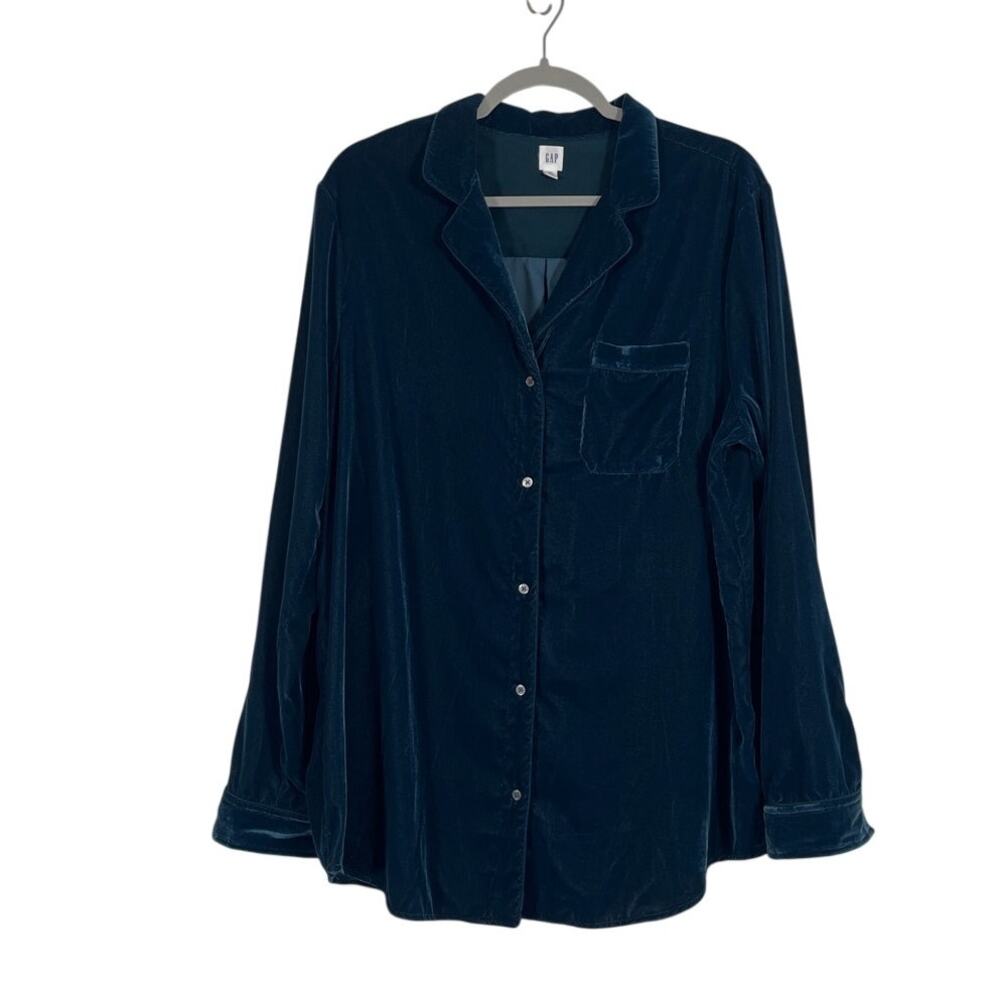 Gap Womens Blue Velvet Button Up Long Sleeve Top Size XL Tall Minimalist Prep